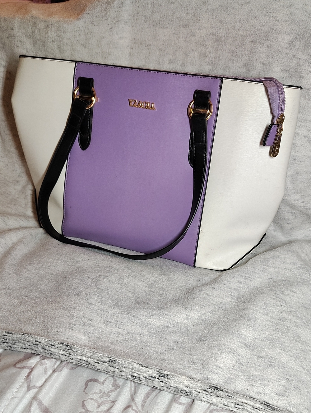 Two-Tone Purple and White Tote Bag with Black Handles